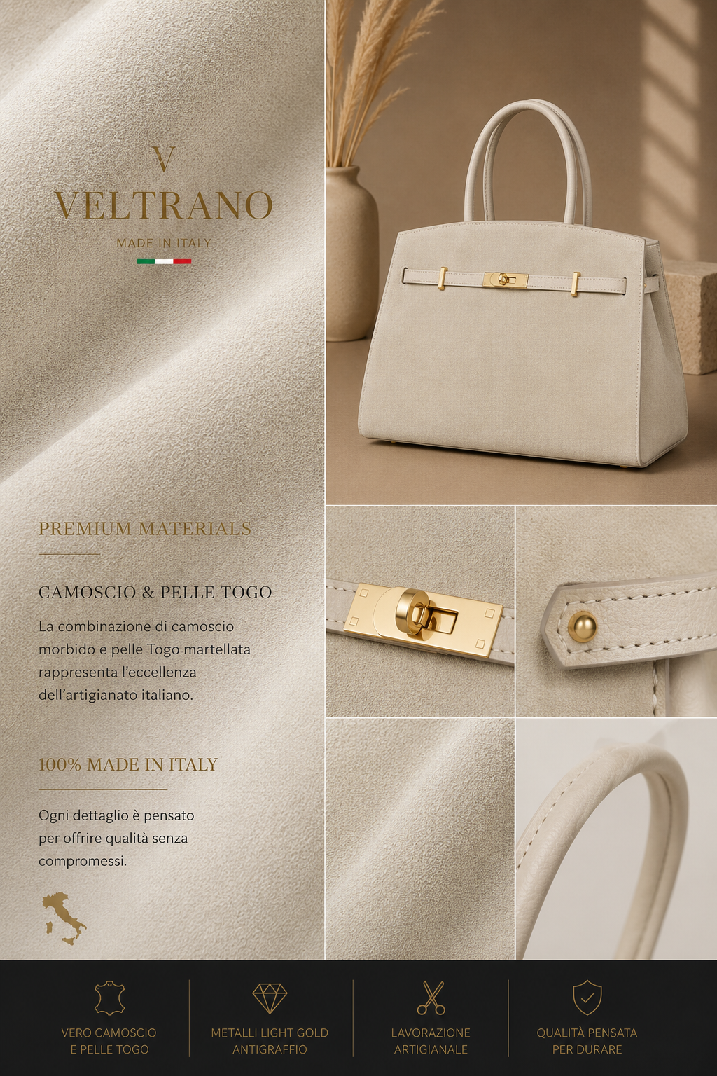 VELTRANO Garda | Borsa Donna in Pelle e Camoscio Made in Italy