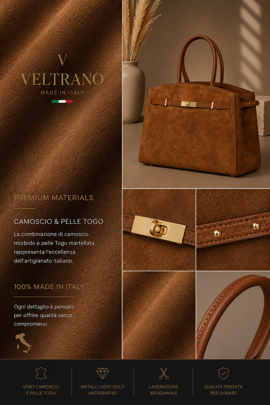 VELTRANO Garda | Borsa Donna in Pelle e Camoscio Made in Italy