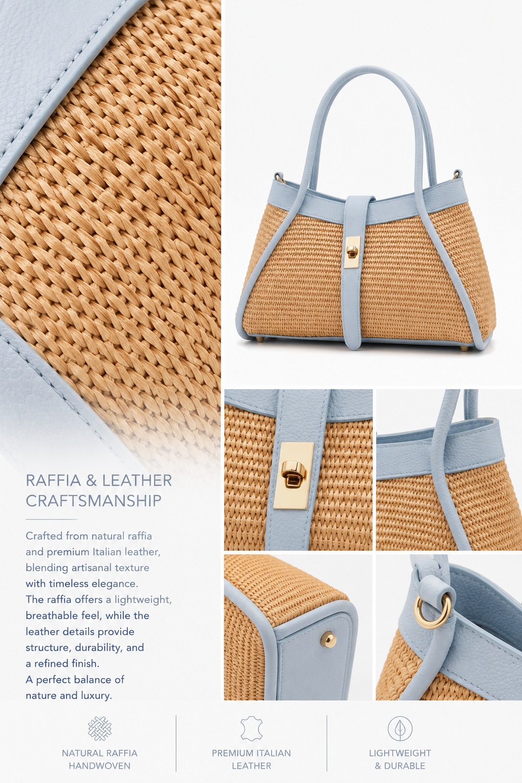 VELTRANO Lucca Raffia | Borsa a Mano in Rafia e Pelle Made in Italy
