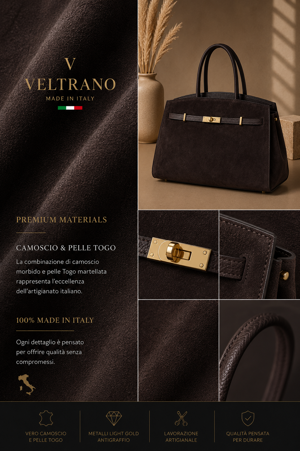 VELTRANO Garda | Borsa Donna in Pelle e Camoscio Made in Italy