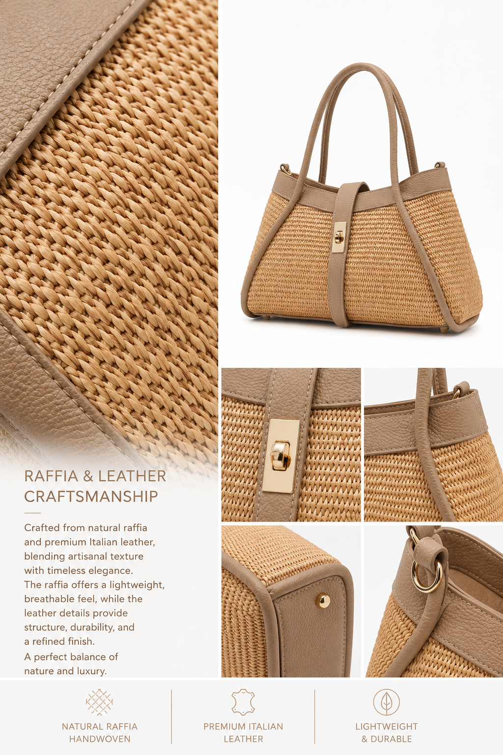 VELTRANO Lucca Raffia | Borsa a Mano in Rafia e Pelle Made in Italy