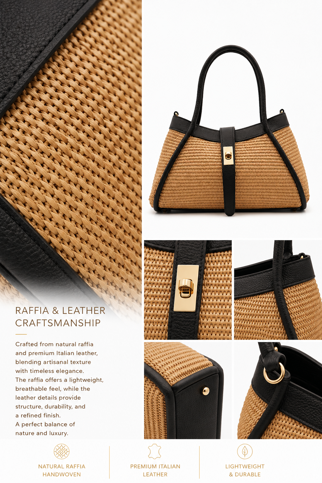VELTRANO Lucca Raffia | Borsa a Mano in Rafia e Pelle Made in Italy