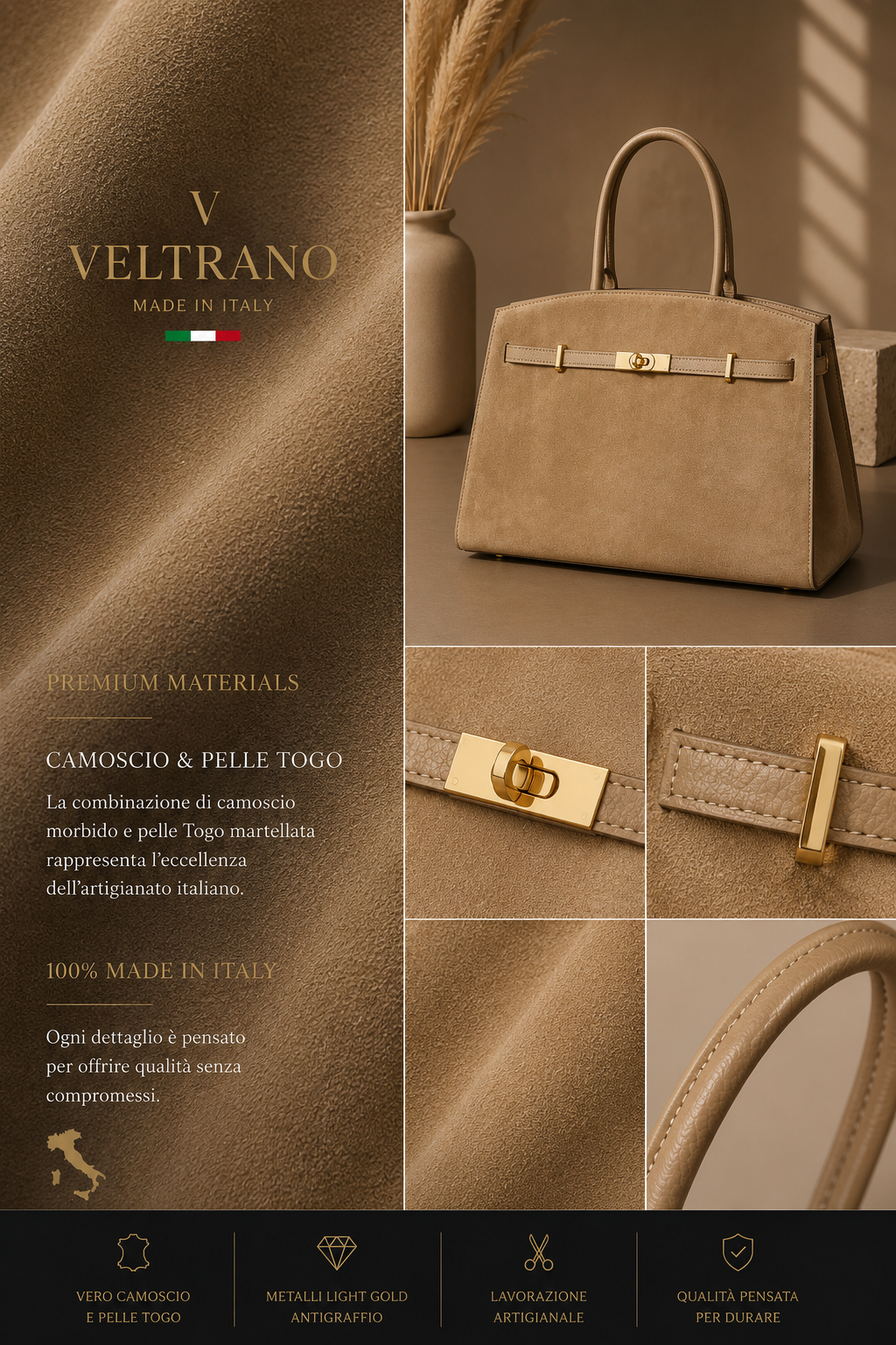 VELTRANO Garda | Borsa Donna in Pelle e Camoscio Made in Italy