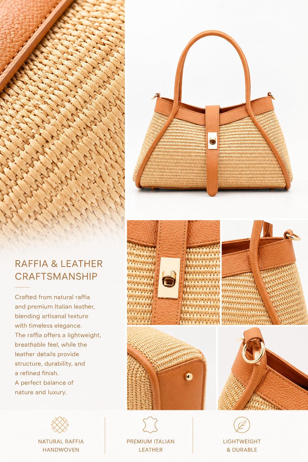 VELTRANO Lucca Raffia | Borsa a Mano in Rafia e Pelle Made in Italy
